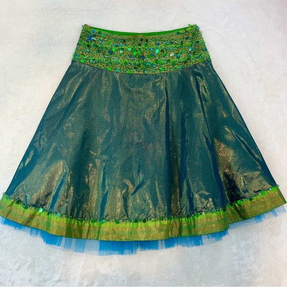 Basil & Maude Iridescent Green Blue Sequin Mermaid Beaded Skirt Sz 2 A Line - Picture 3 of 16